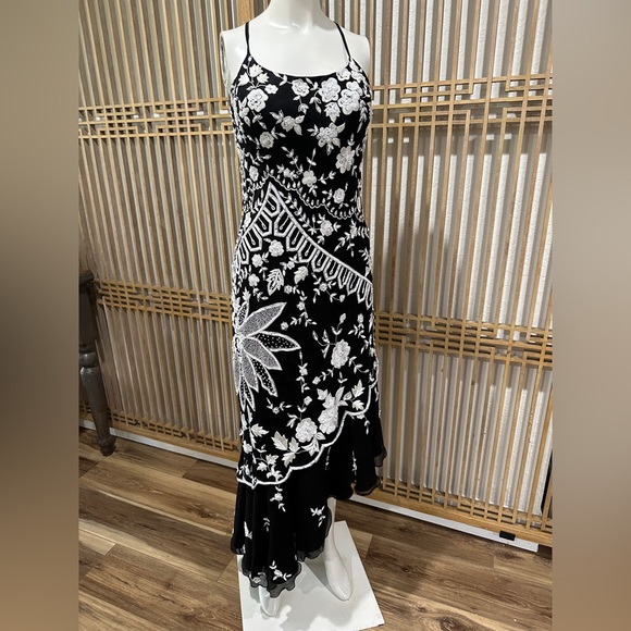 100% Silk 90s Beaded Black and White Dress Size Large Prom - Picture 1 of 11